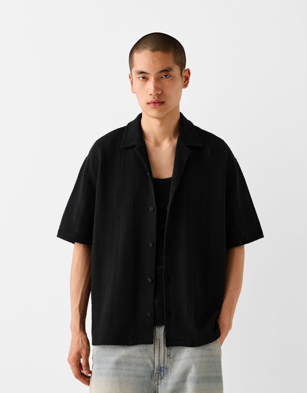 Camisa manga corta rústica calados-Negro-0