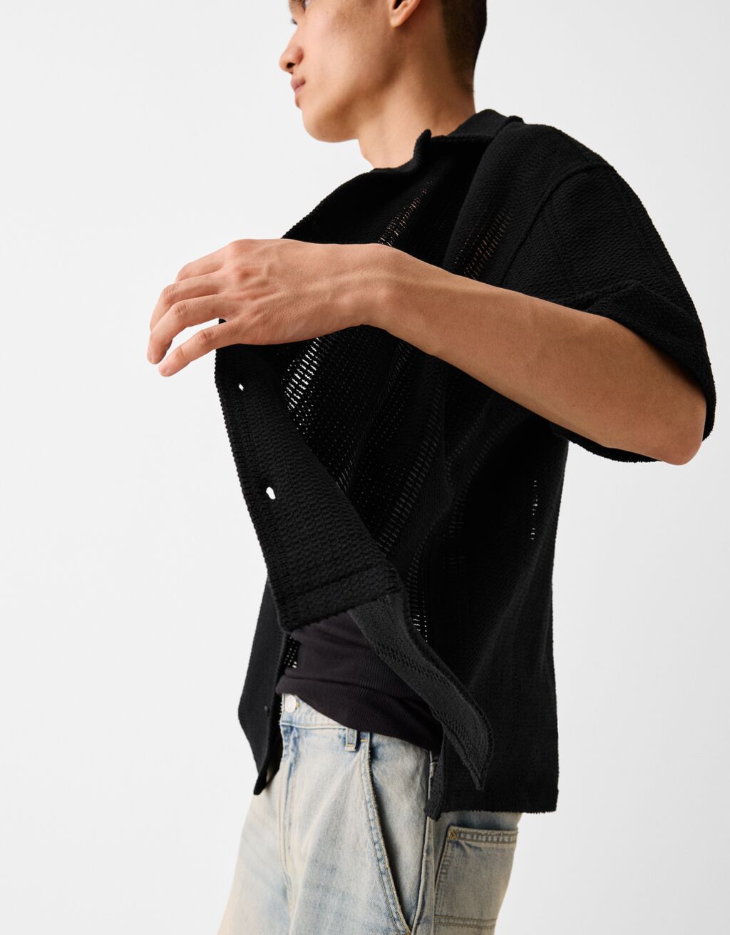 Camisa manga corta rústica calados-Negro-2