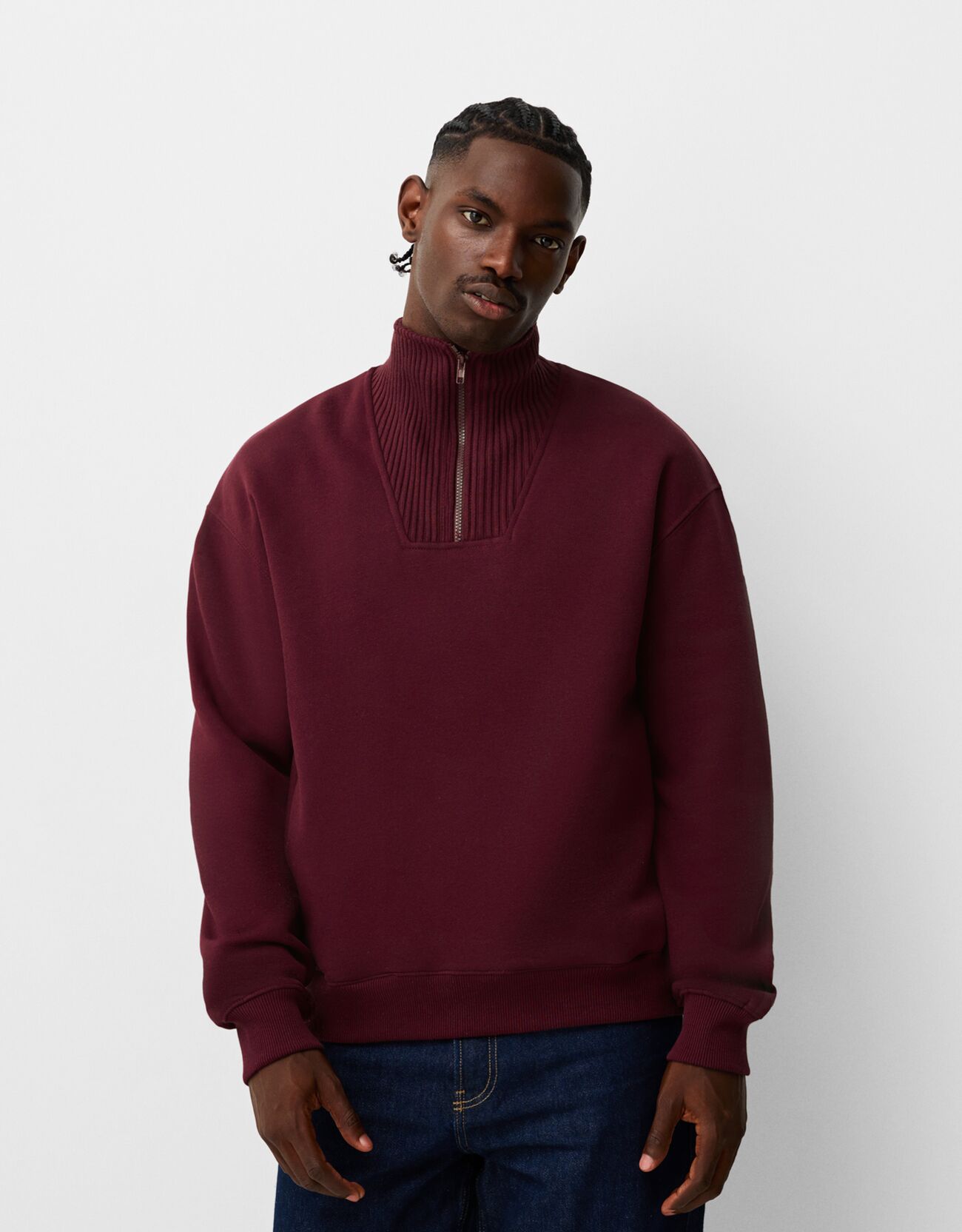 Bershka Sweatshirt Mit Reißverschluss Und Patentmuster Herren Xl Weinrot