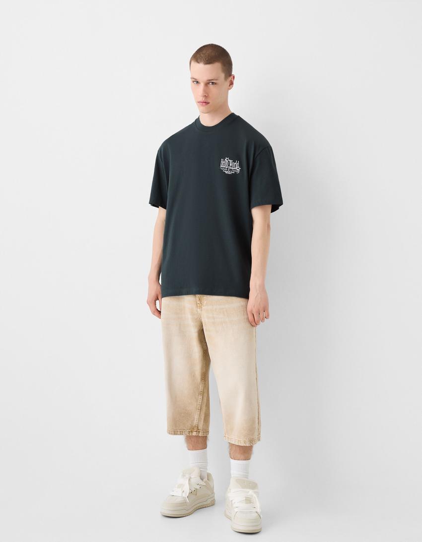 טי שירט Boxy fit עם שרוולים קצרים והדפס-ירוק-3