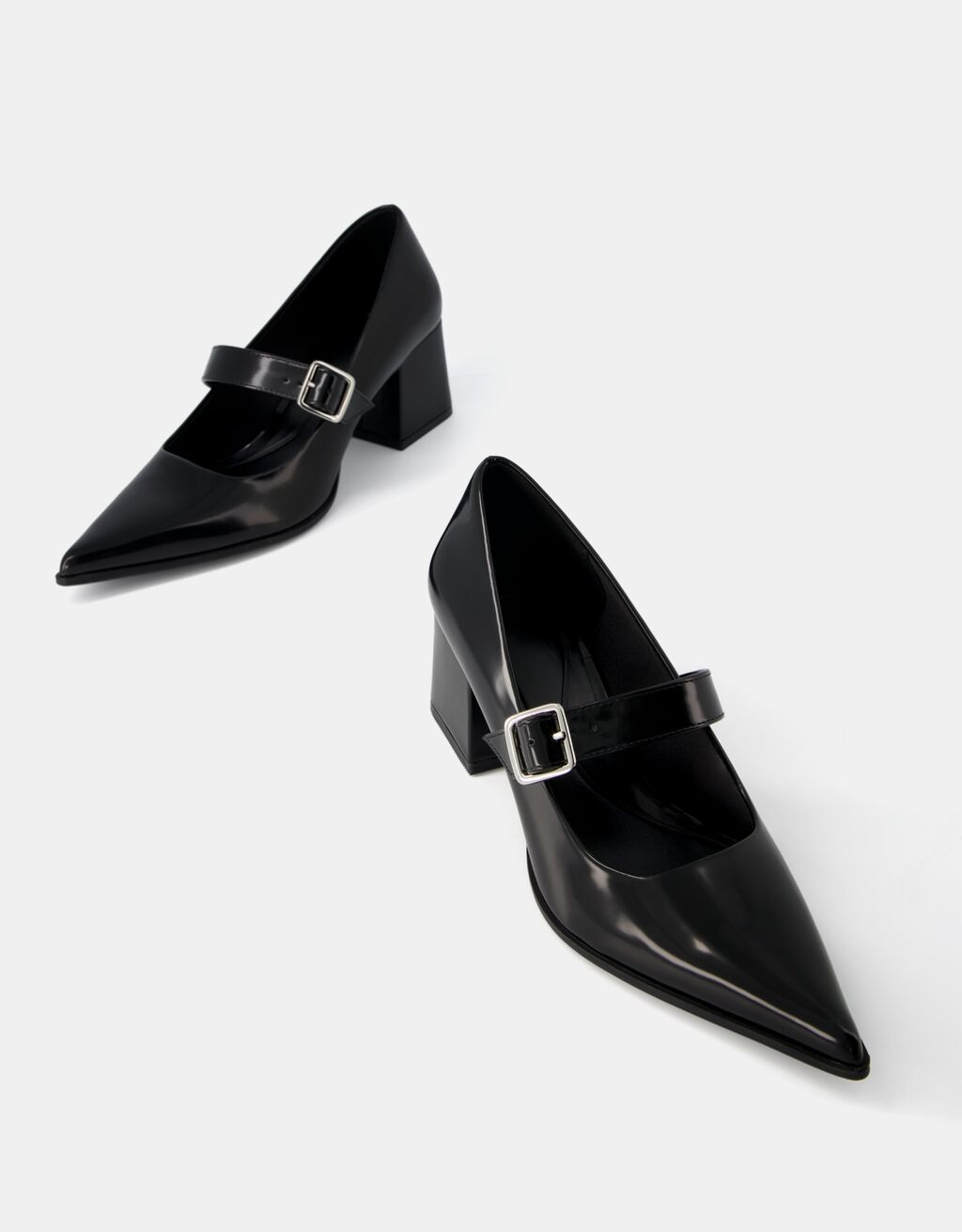 Sivri burunlu blok topuklu Mary Jane ayakkabı-SİYAH-4