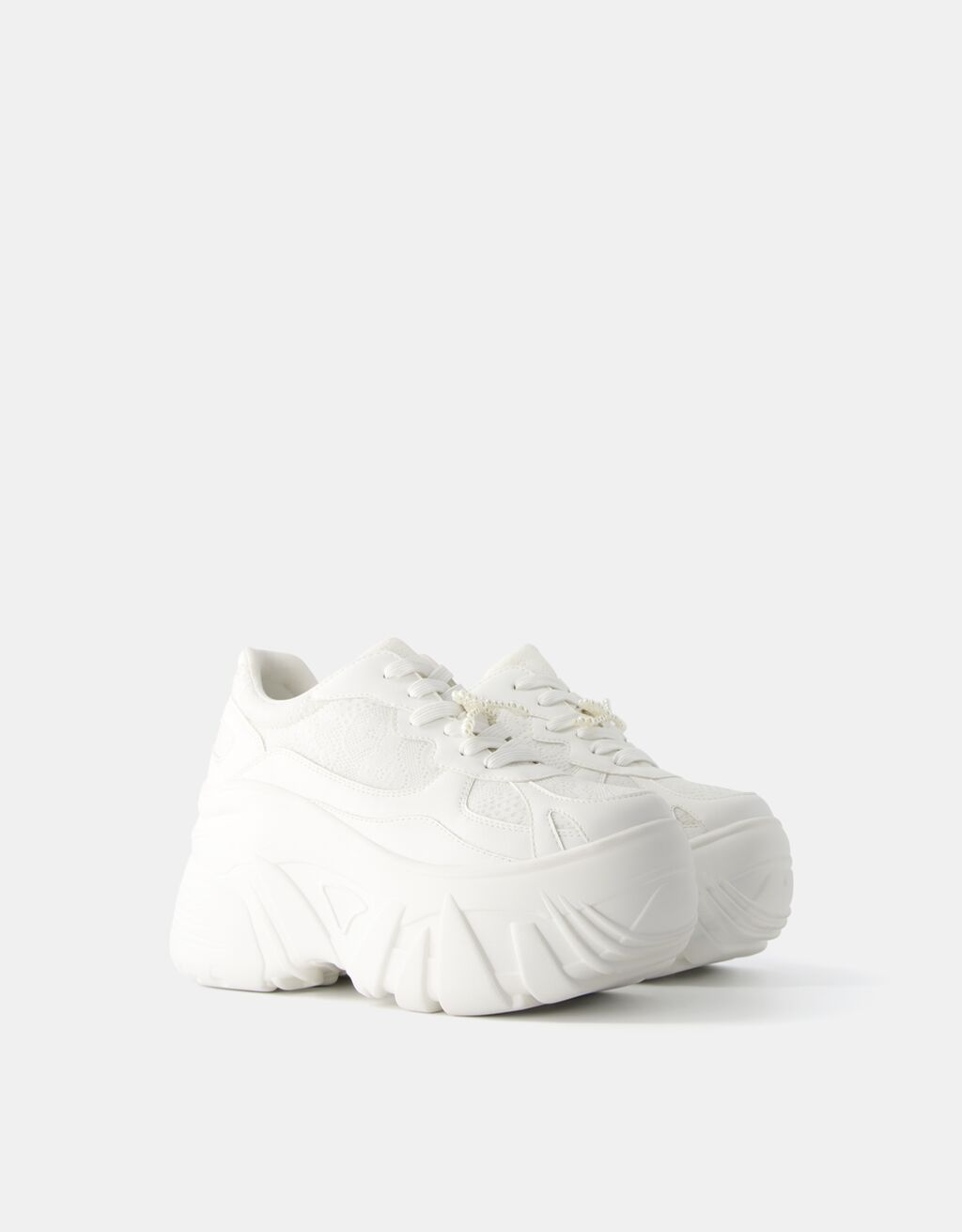 XL platform trainers with lace detail and faux pearl bow-WHITE-0
