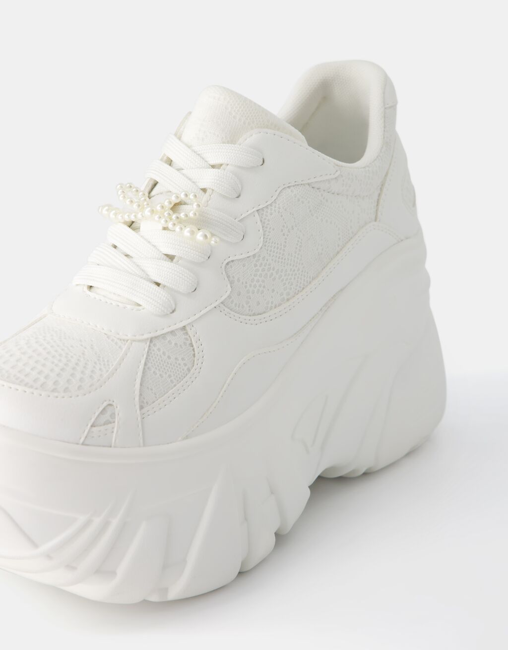 XL platform trainers with lace detail and faux pearl bow-WHITE-1