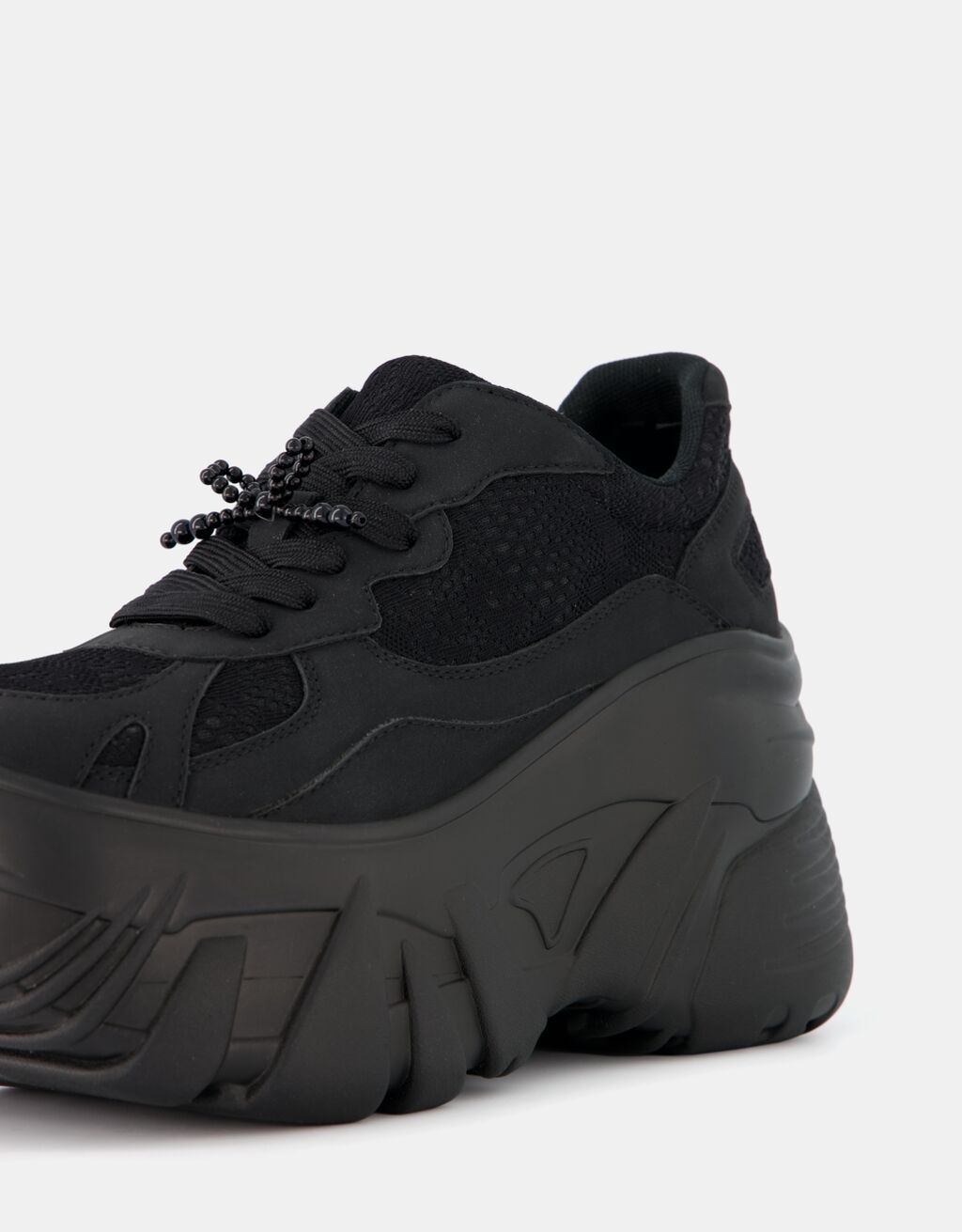 XL platform trainers with lace detail and faux pearl bow-BLACK-2
