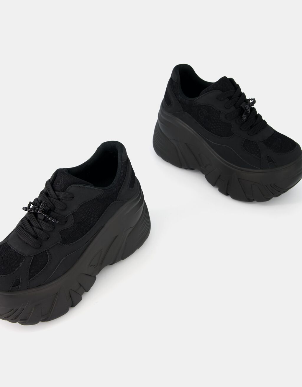 XL platform trainers with lace detail and faux pearl bow-BLACK-3