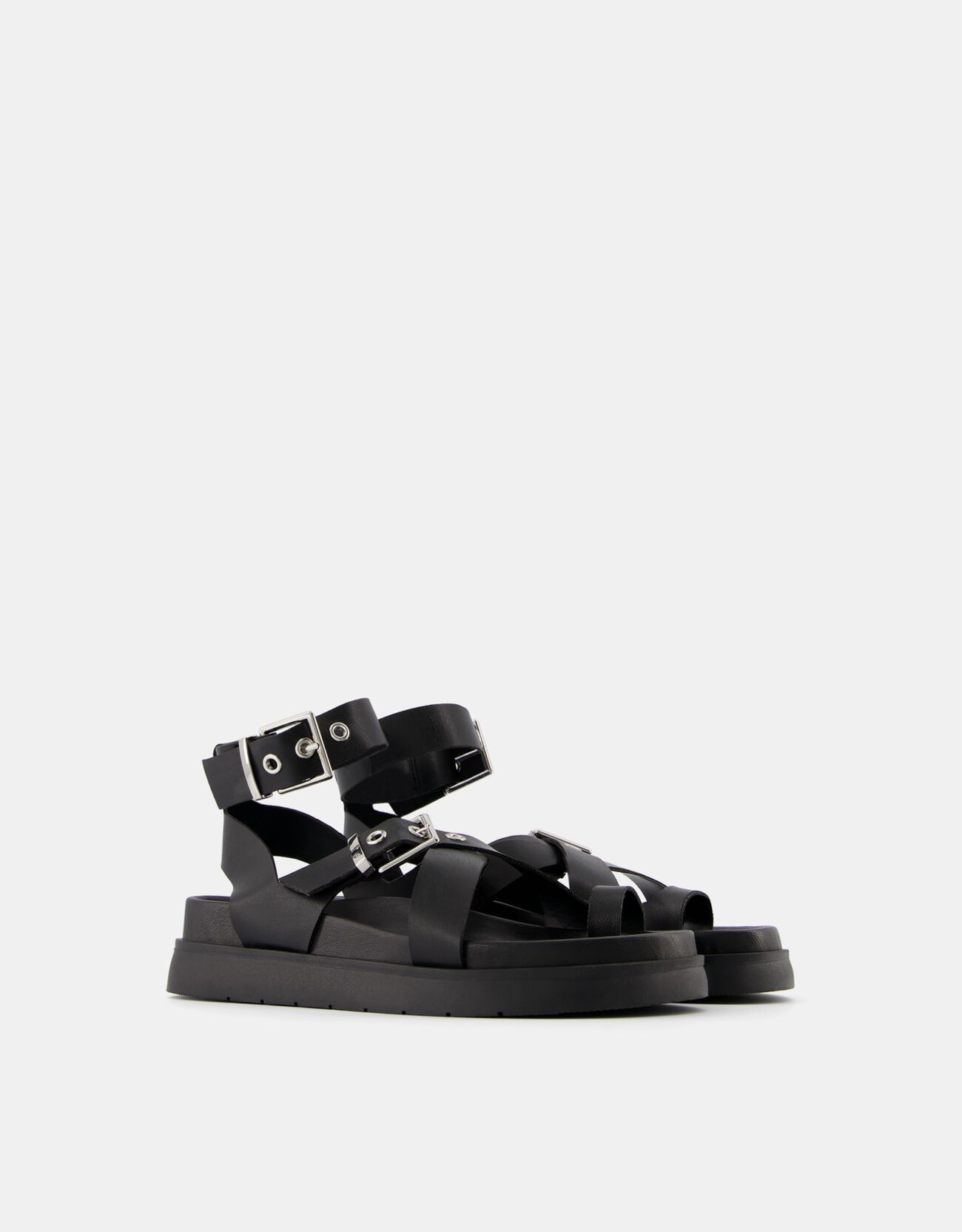 Bershka Flache Sandalen Mit Plateau Und Schnallen Damen 37 Schwarz