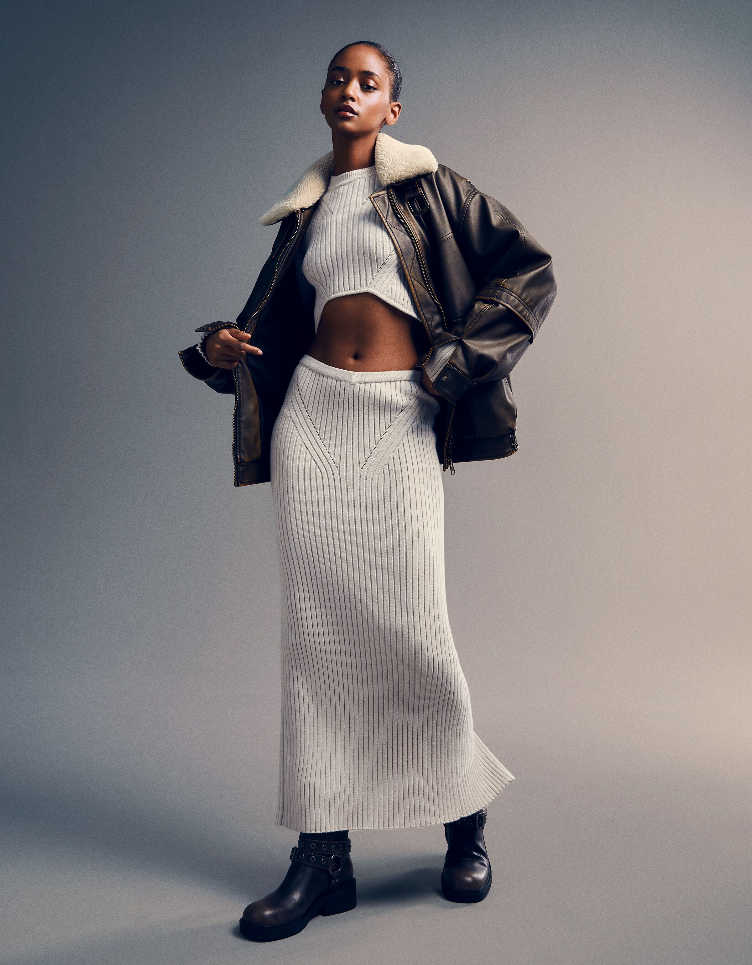 Ribbed knit sweater and skirt set Women Bershka