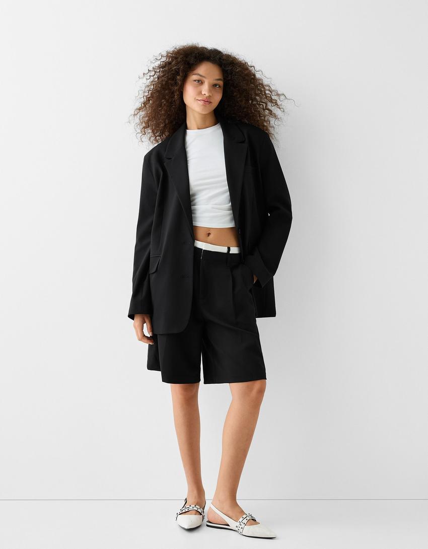 Relaxed fit poplin blazer and Bermuda shorts set-Black-0