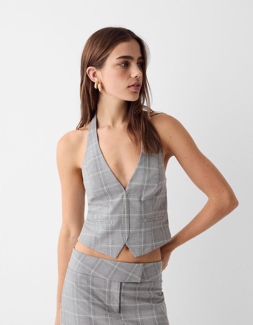 Conjunto colete e saia tailoring-Cinza-1