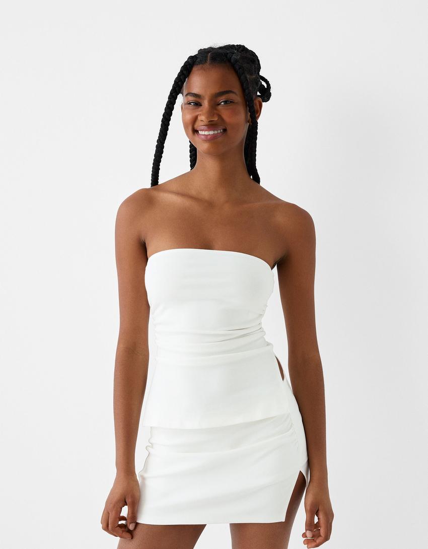 Kalın streç triko top ve etek takımı-Kirli beyaz-4