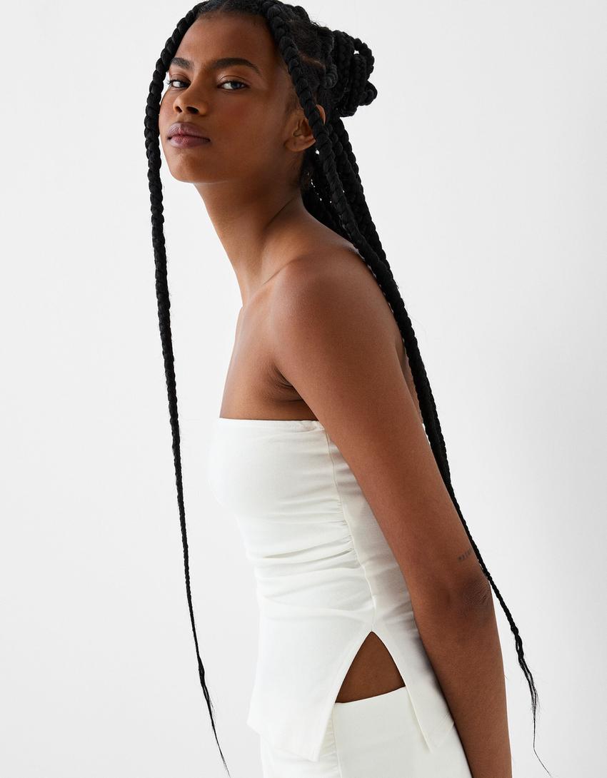 Kalın streç triko top ve etek takımı-Kirli beyaz-3