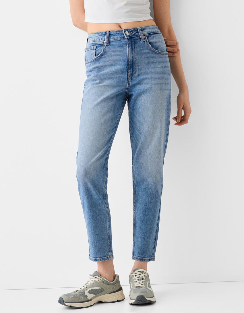 Jean mom slim décontracté-Bleu lavé-1