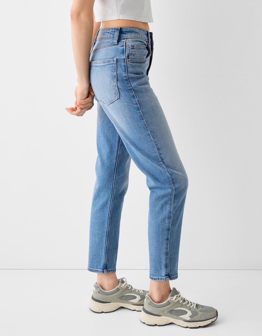 Jean mom slim décontracté-Bleu lavé-3