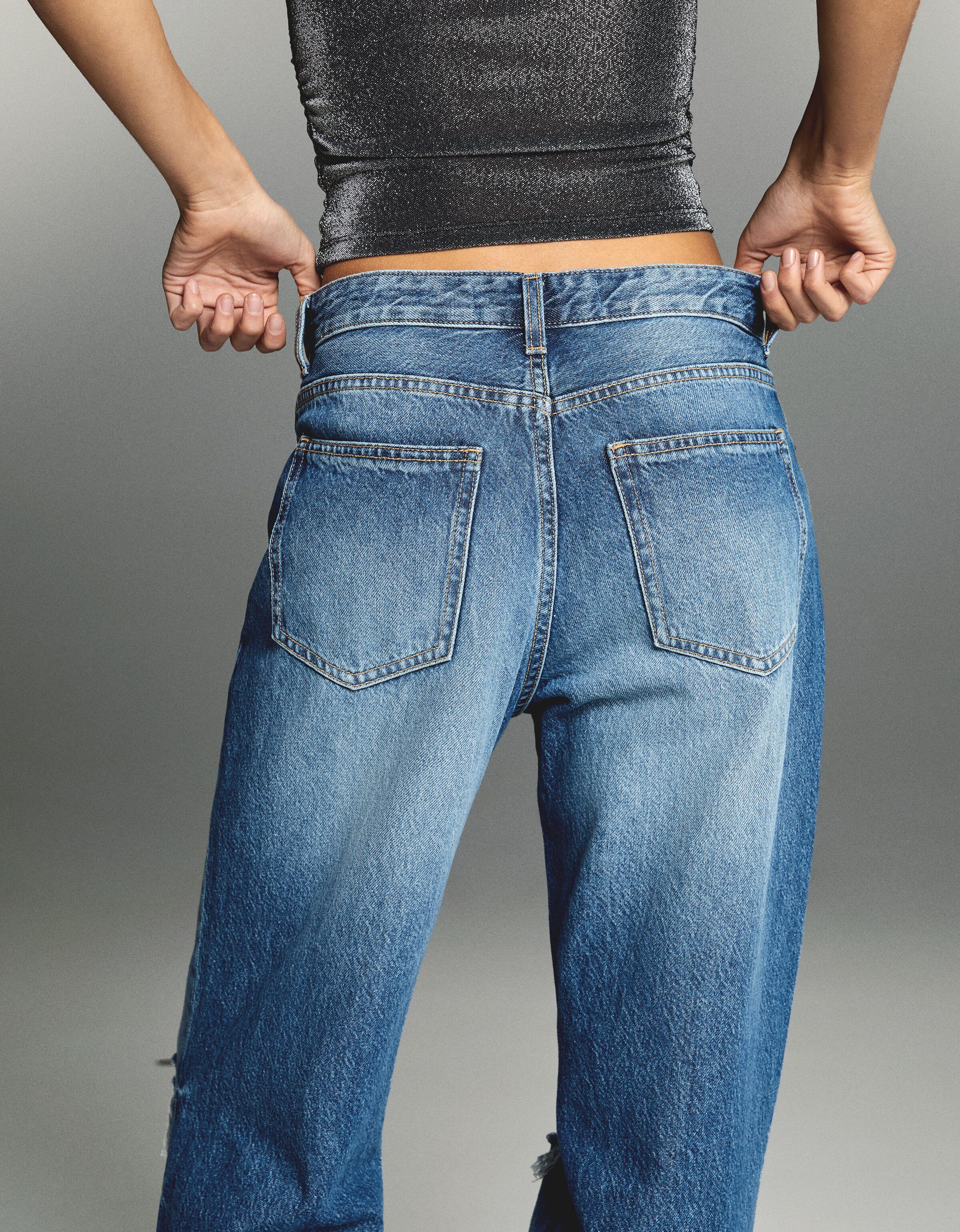 Bershka 90's straight leg jeans with rips in blue sales