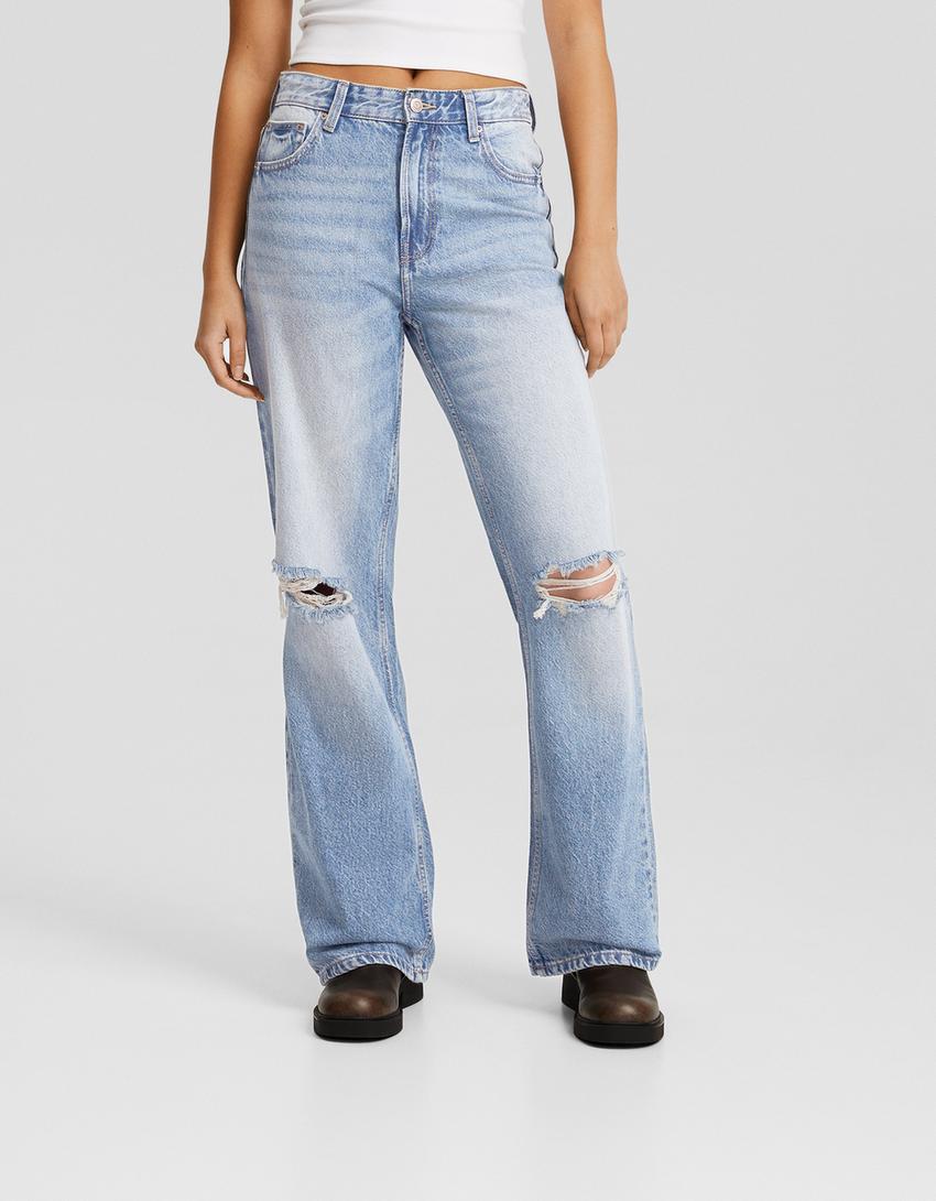 Distressed wide leg 90’s jean-Açık mavi-1