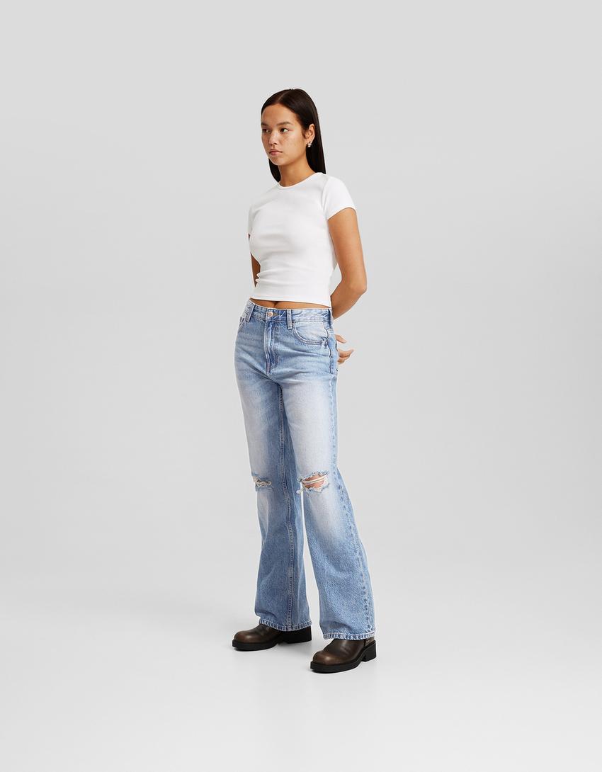 Distressed wide leg 90’s jean-Açık mavi-0