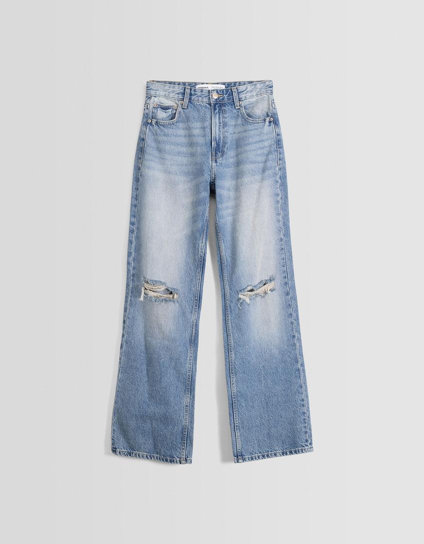 Distressed wide leg 90’s jean-Açık mavi-4