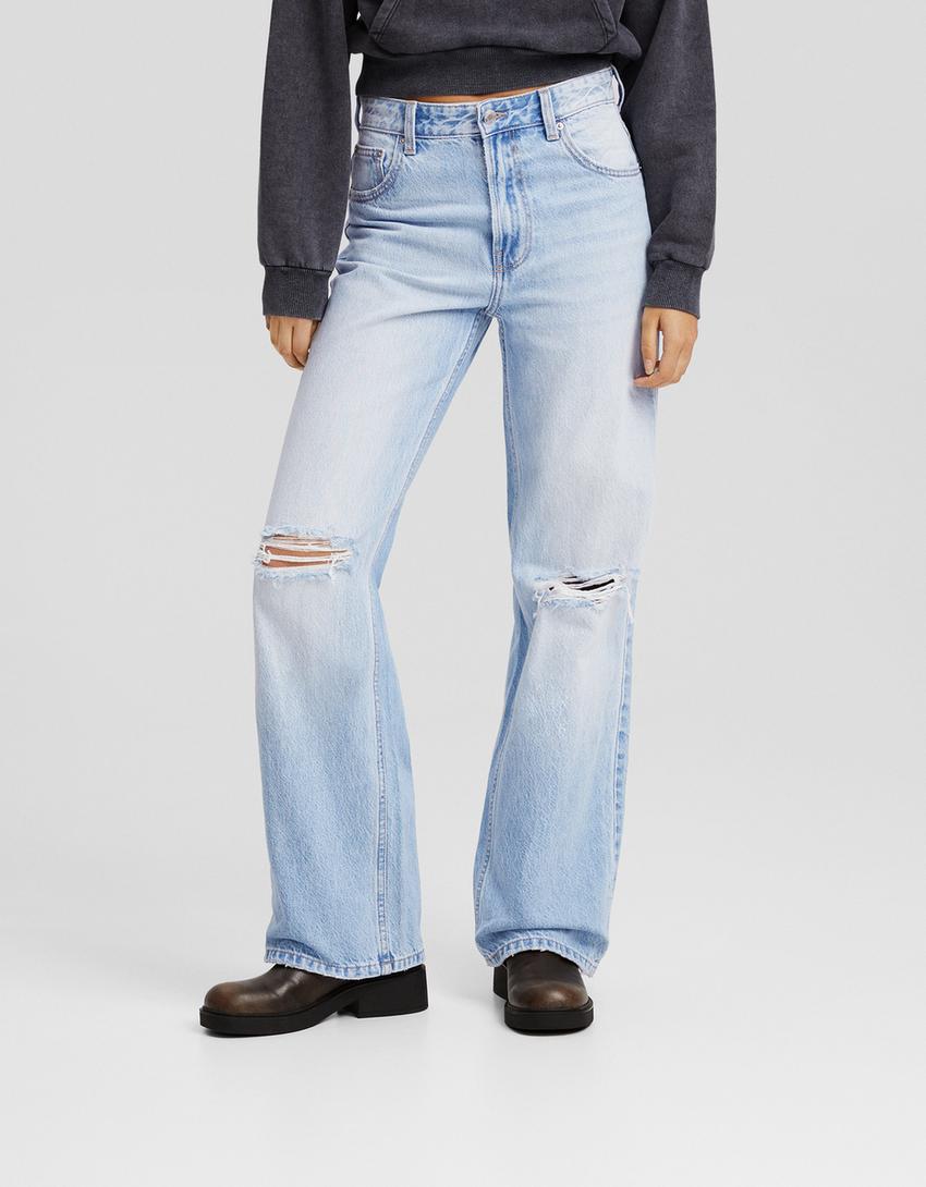 Distressed wide leg 90’s jean-Açık mavi-1