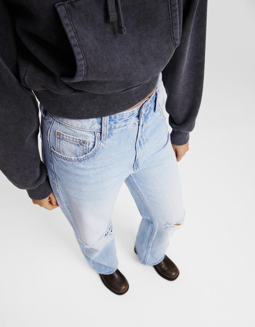 Distressed wide leg 90’s jean-Açık mavi-3