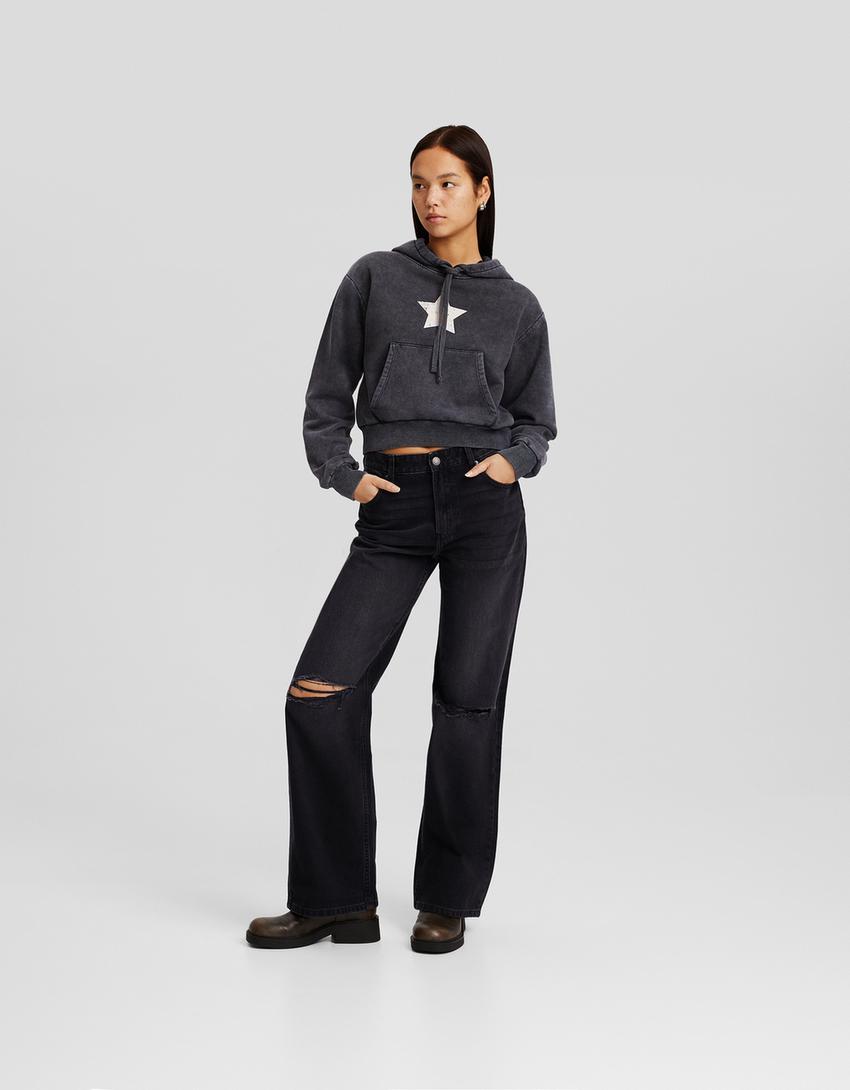 Distressed wide leg 90’s jean-Siyah-0