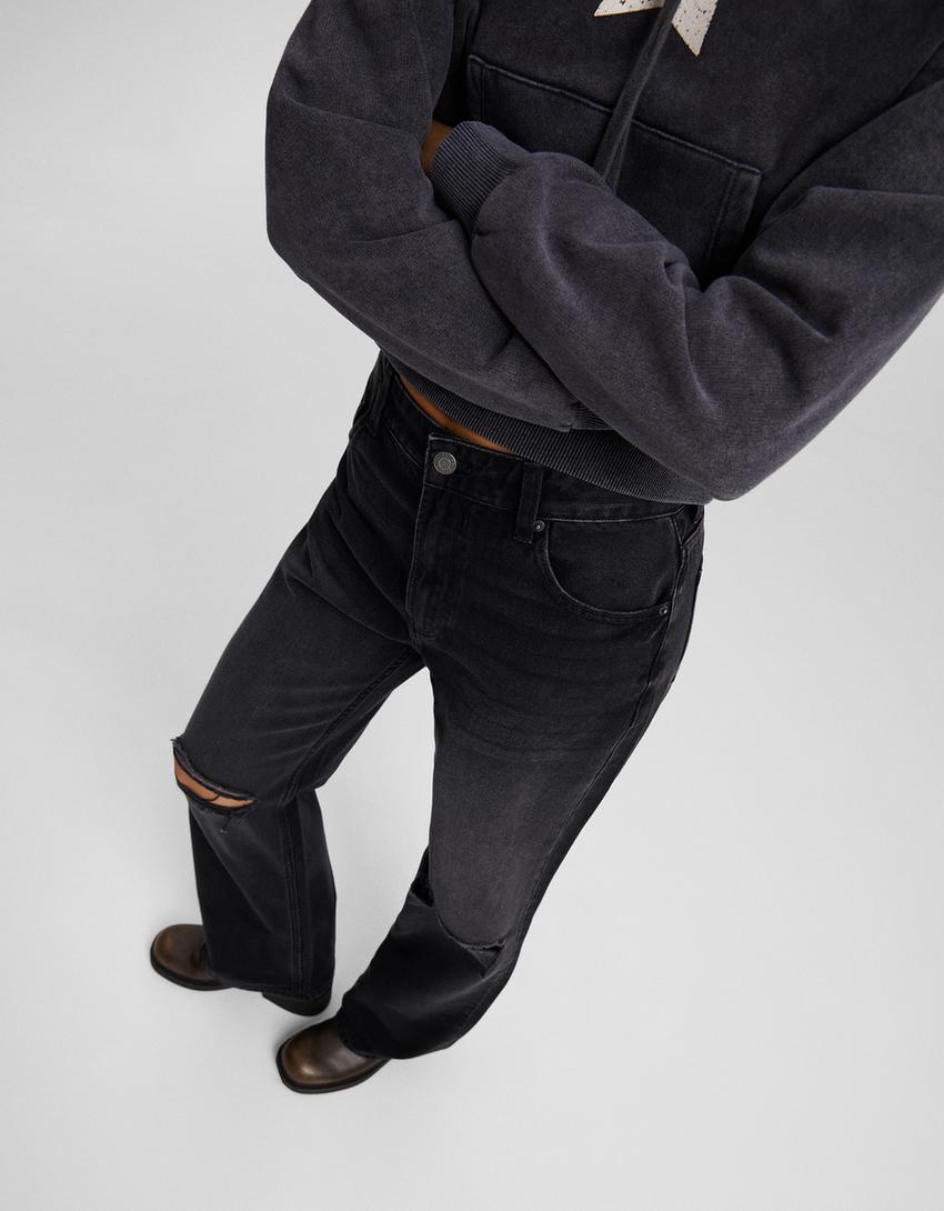 Distressed wide leg 90’s jean-Siyah-3