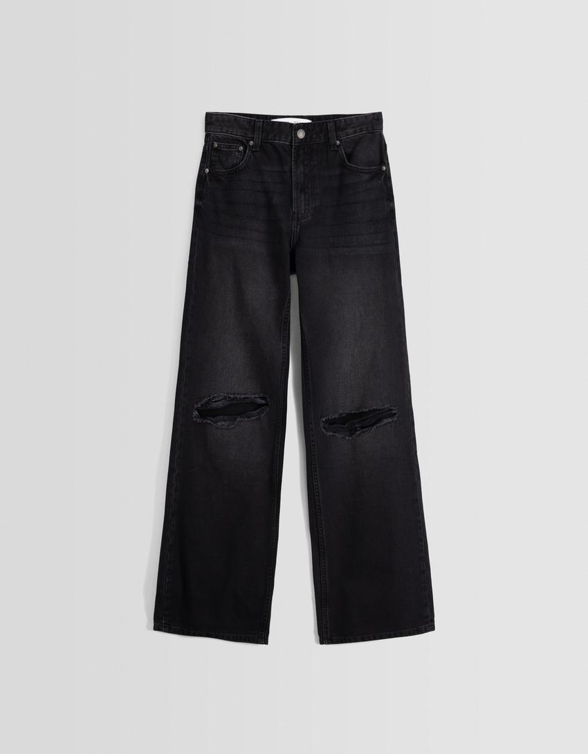 Distressed wide leg 90’s jean-Siyah-4