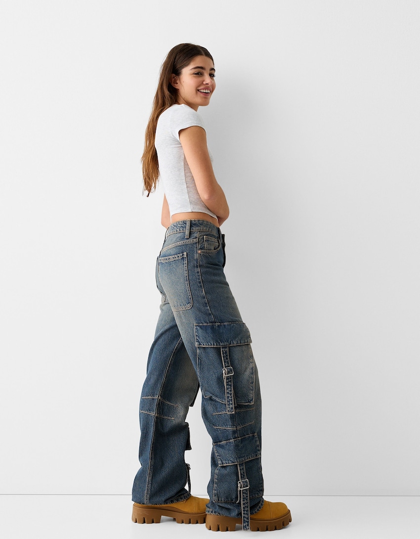 Jeans baggy cargo con fascette-Azzurro-0
