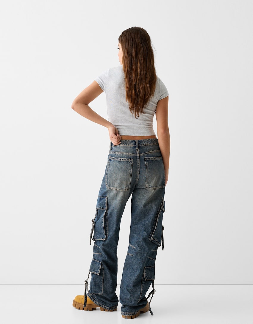 Cargo baggy jeans with straps-Blue-2