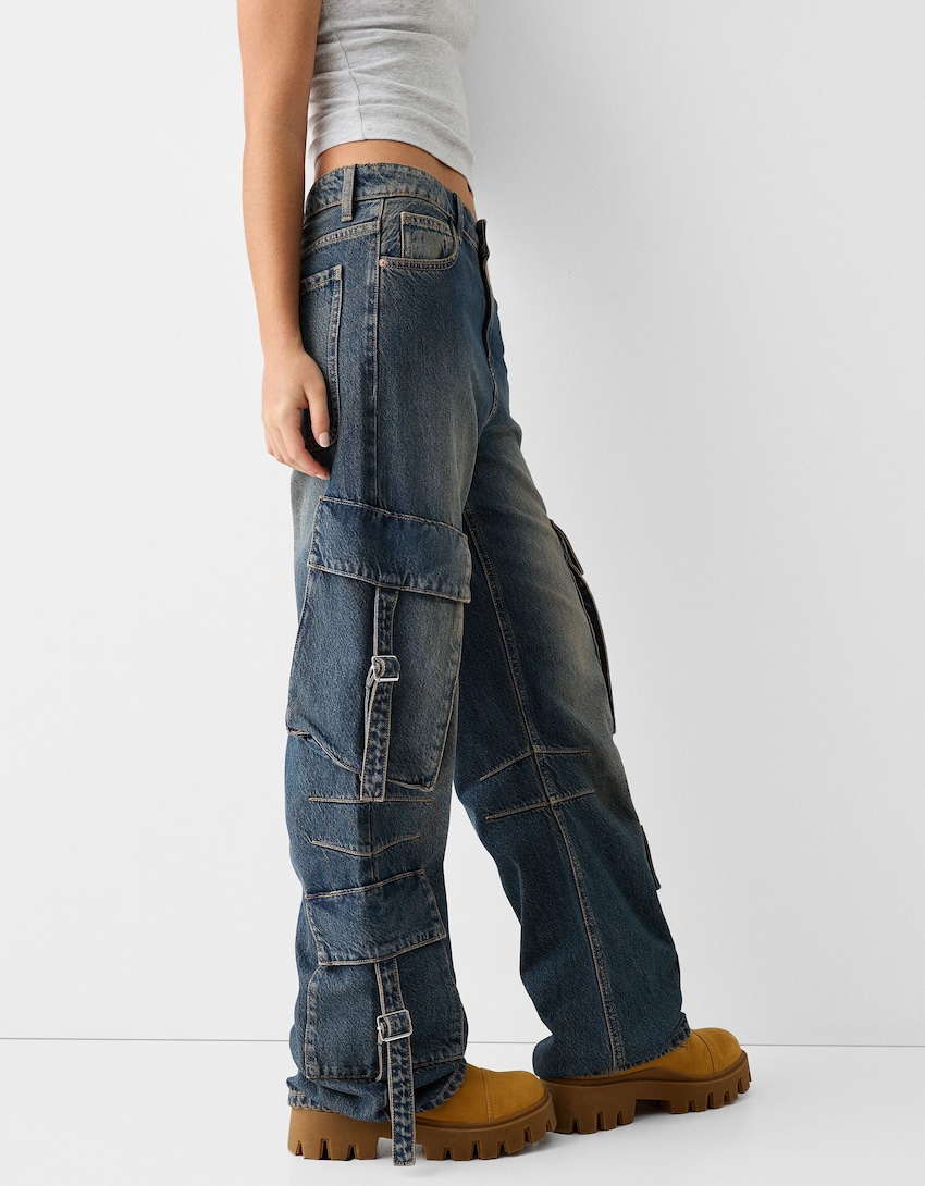 Jeans baggy cargo con fascette-Azzurro-6