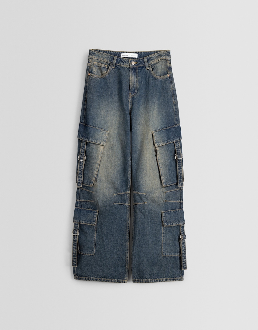 Jeans baggy cargo con fascette-Azzurro-5