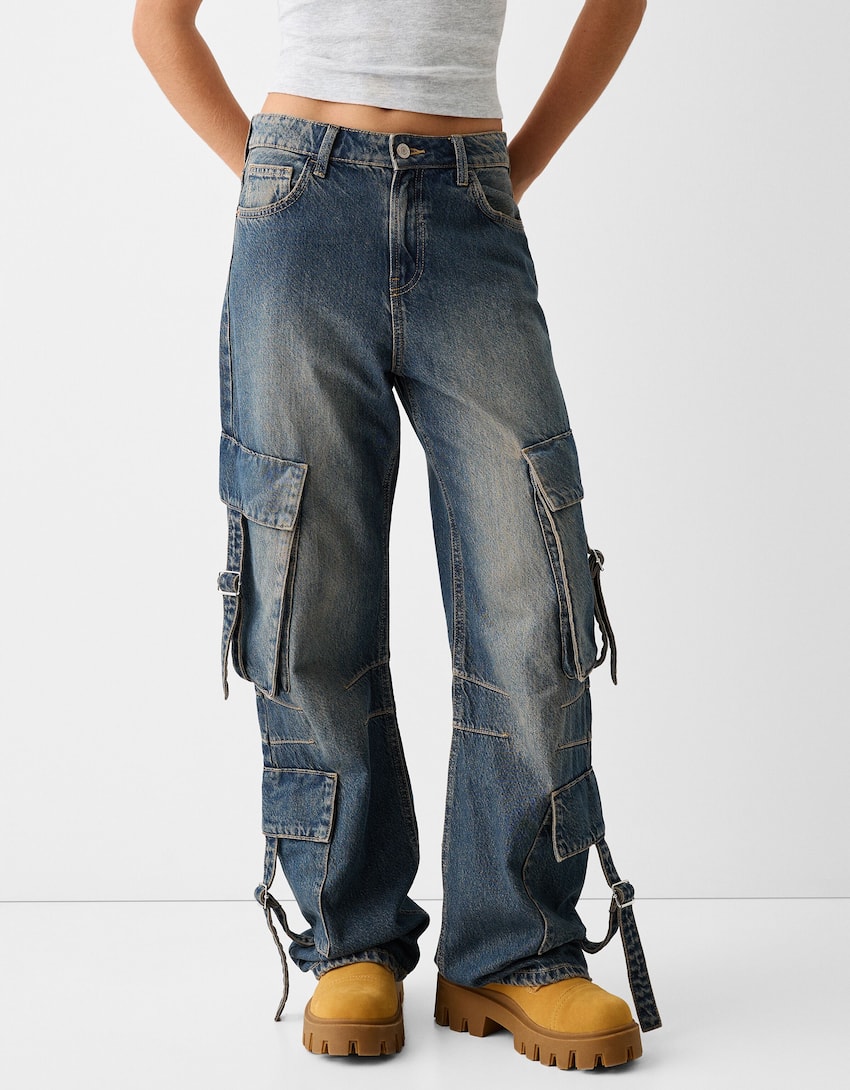 Cargo baggy jeans with straps-Blue-1