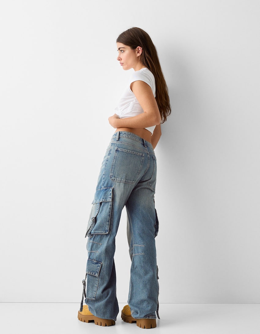 Cargo baggy jeans with straps-Washed out blue-2