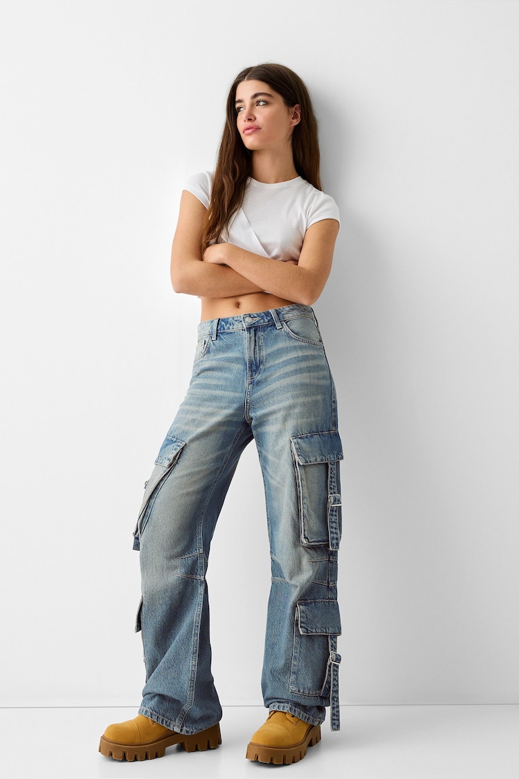 Ohlapne jeans hlače z visokim pasom in žepi s trakovi