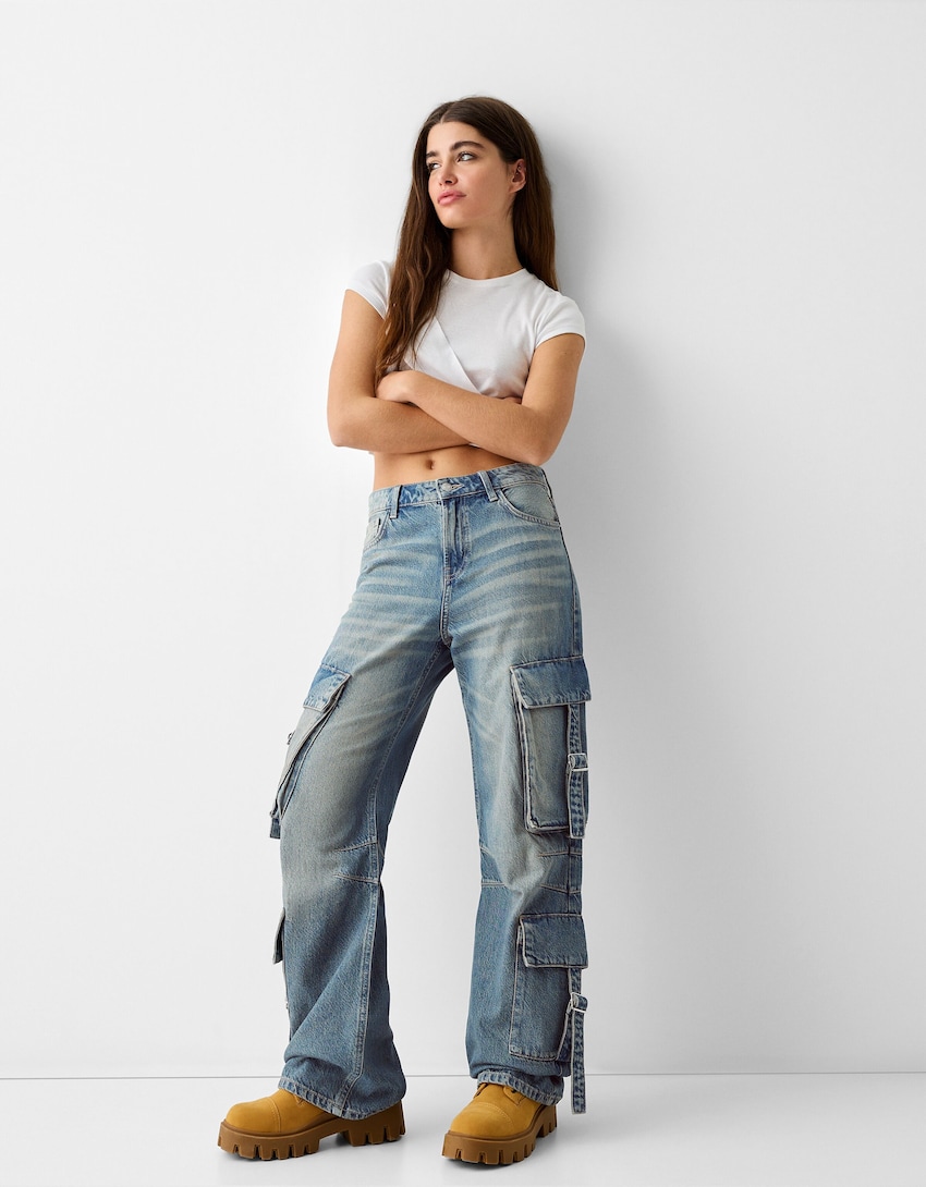 Jeans baggy cargo fascette-Azzurro Lavato-0
