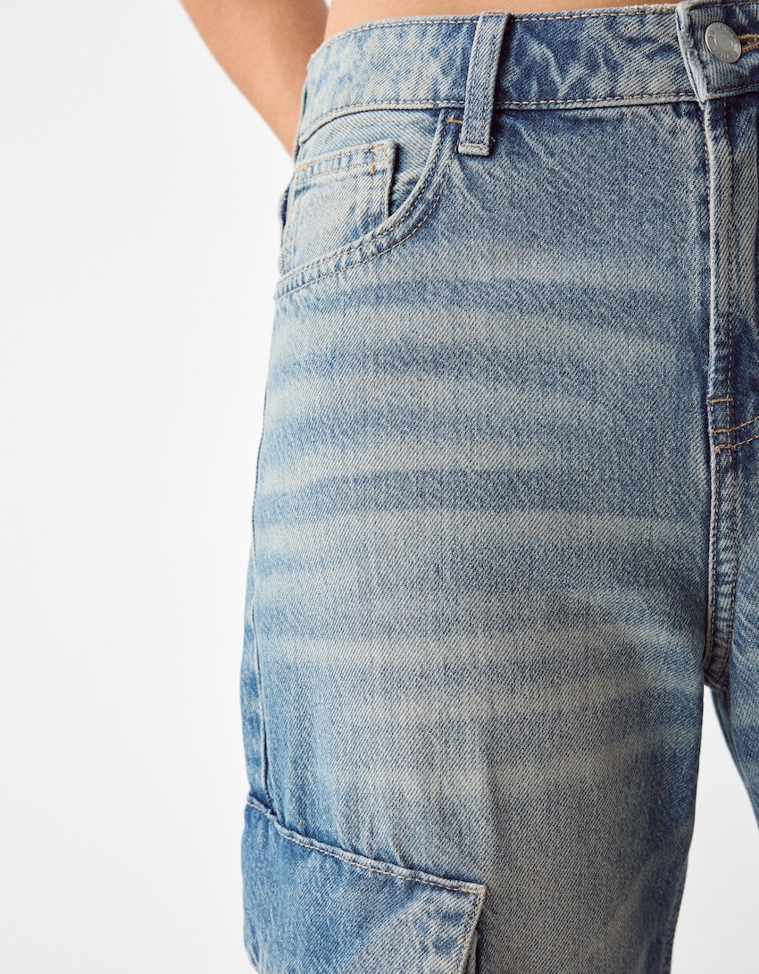 Jeans baggy cargo fascette-Azzurro Lavato-5