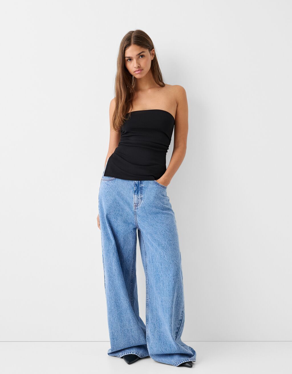 Bershka high waisted super baggy jeans in mid blue dirty wash