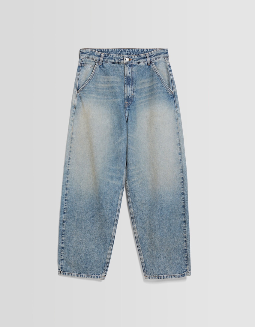 Spodnie jeansowe o kroju fit typu skater z efektem sprania-Wyblakły niebieski-4