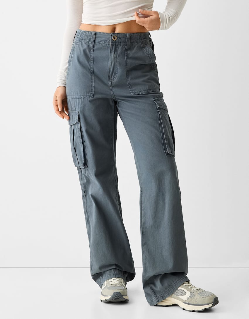 Adjustable straight cargo trousers-Blue-1