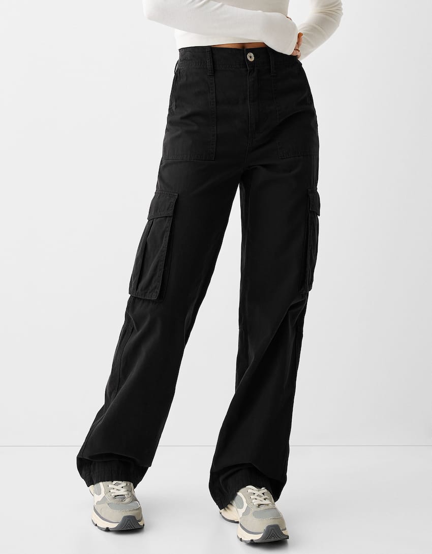 Adjustable straight cargo trousers-Black-1