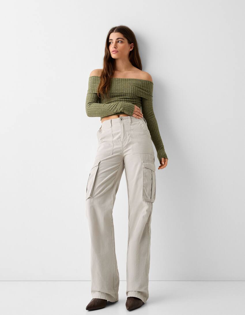 Bershka straight leg cargo trousers in stone