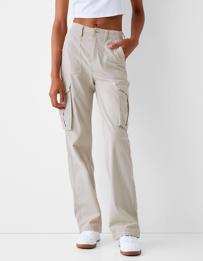 Bershka adjustable waist straight leg cargo trousers in washed
