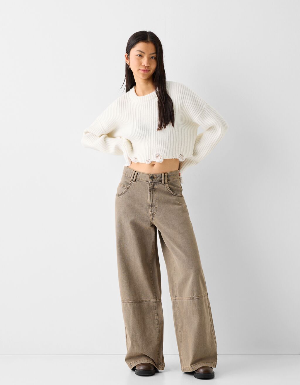 Beige Folded-waist twill wide-leg trousers | Acne Studios | MATCHES UK