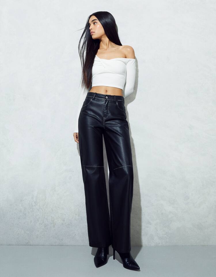 Distressed leather effect straight fit trousers