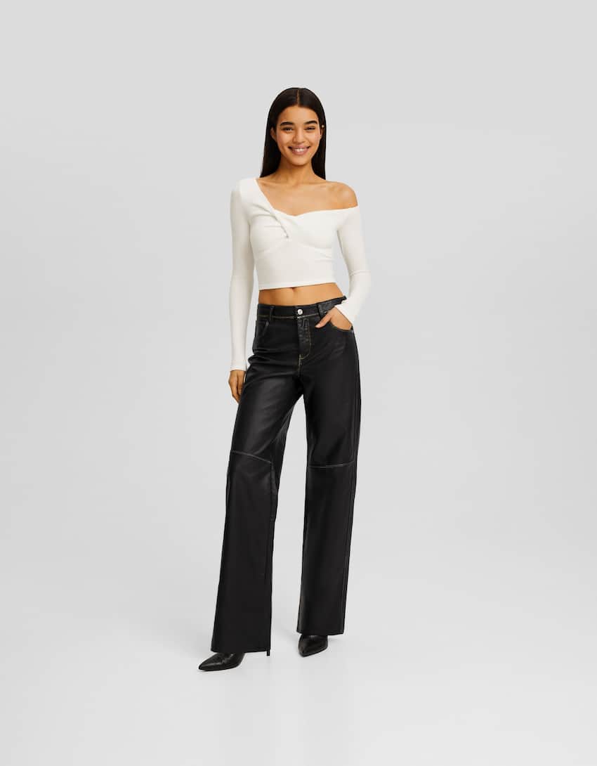 Distressed leather effect straight fit trousers - Women