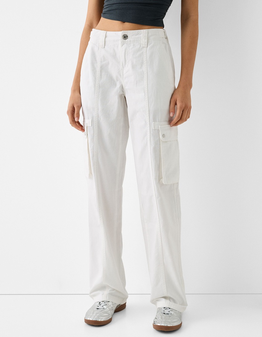 Pantalon straight cargo réglable coton-Blanc-1