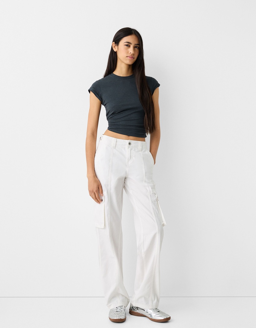 Pantalon straight cargo réglable coton-Blanc-0