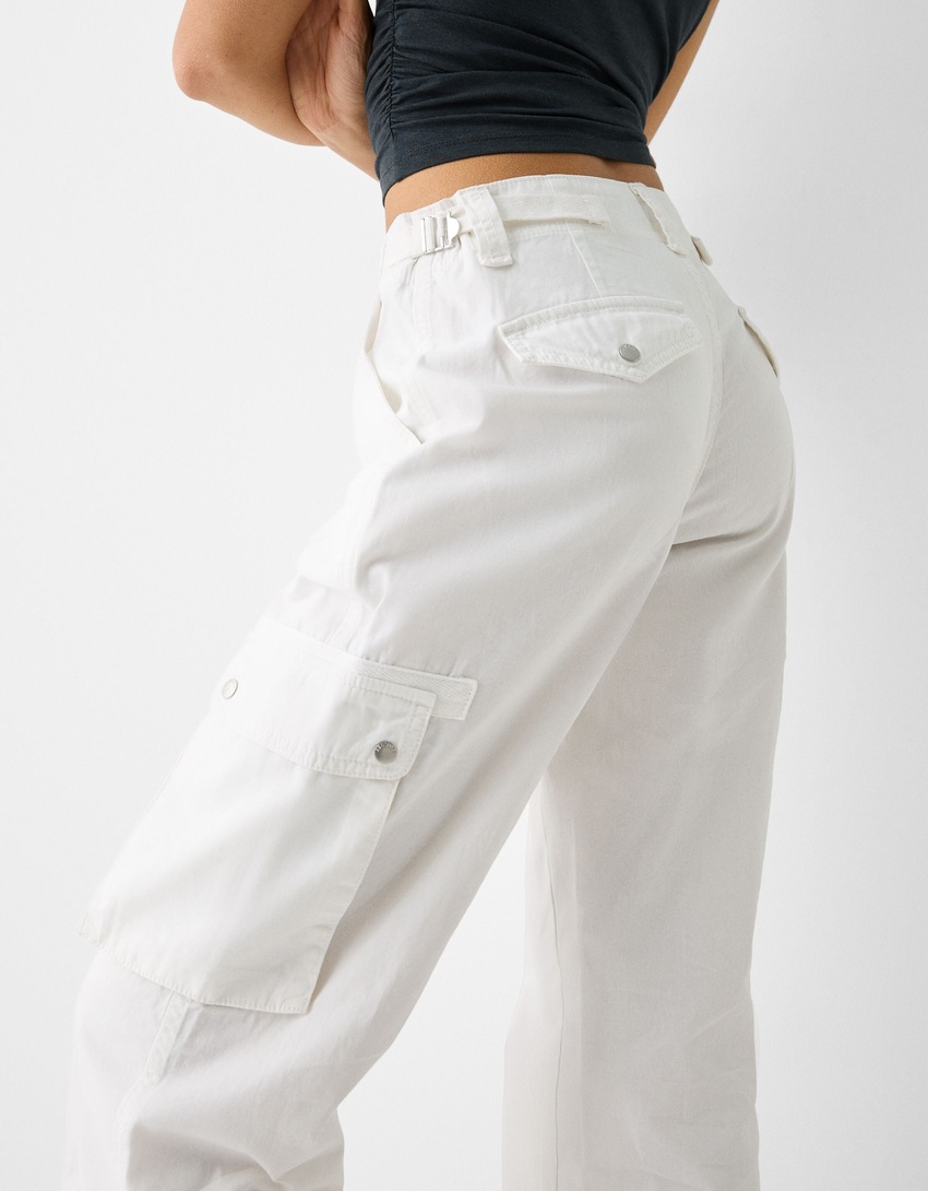 Pantalon straight cargo réglable coton-Blanc-5
