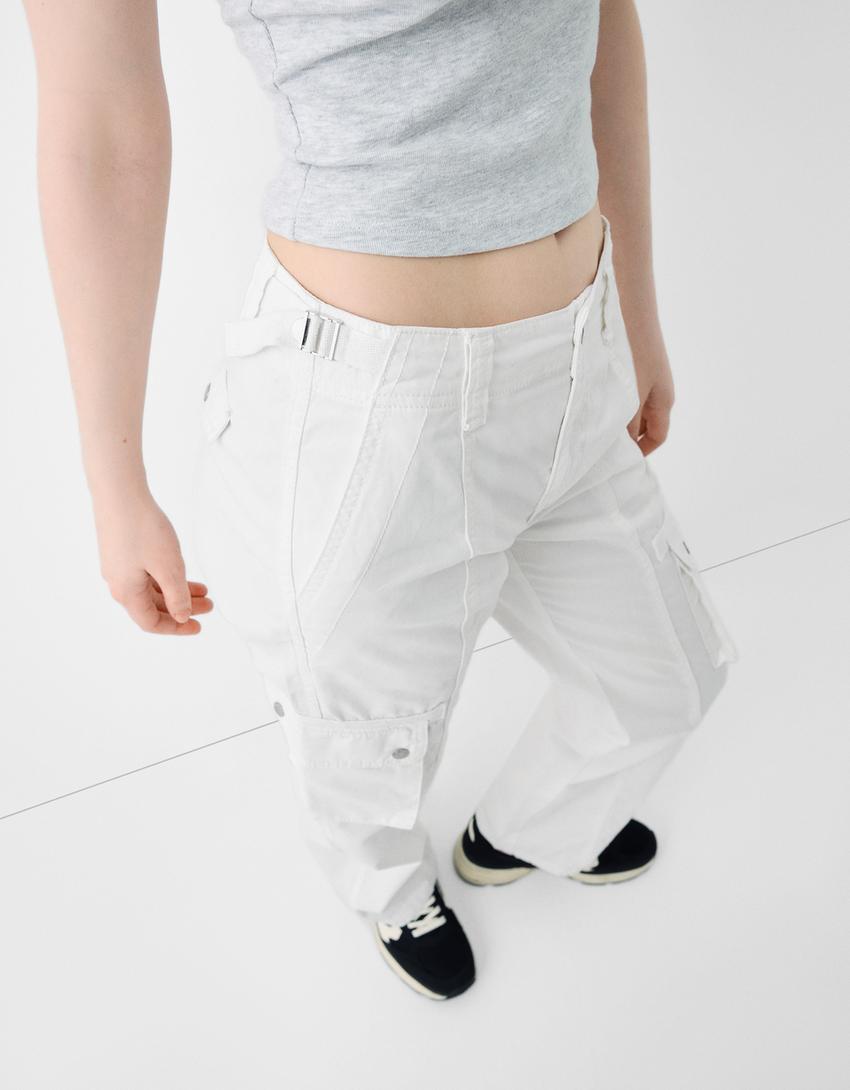 سروال كارغو من القطن قابل للتعديل بساق مستقيمة-أبيض-3