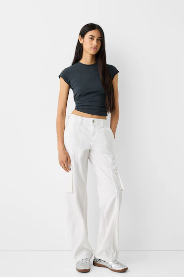 Women Gray Cotton Side Pocket Straight Cargo Pants-45607