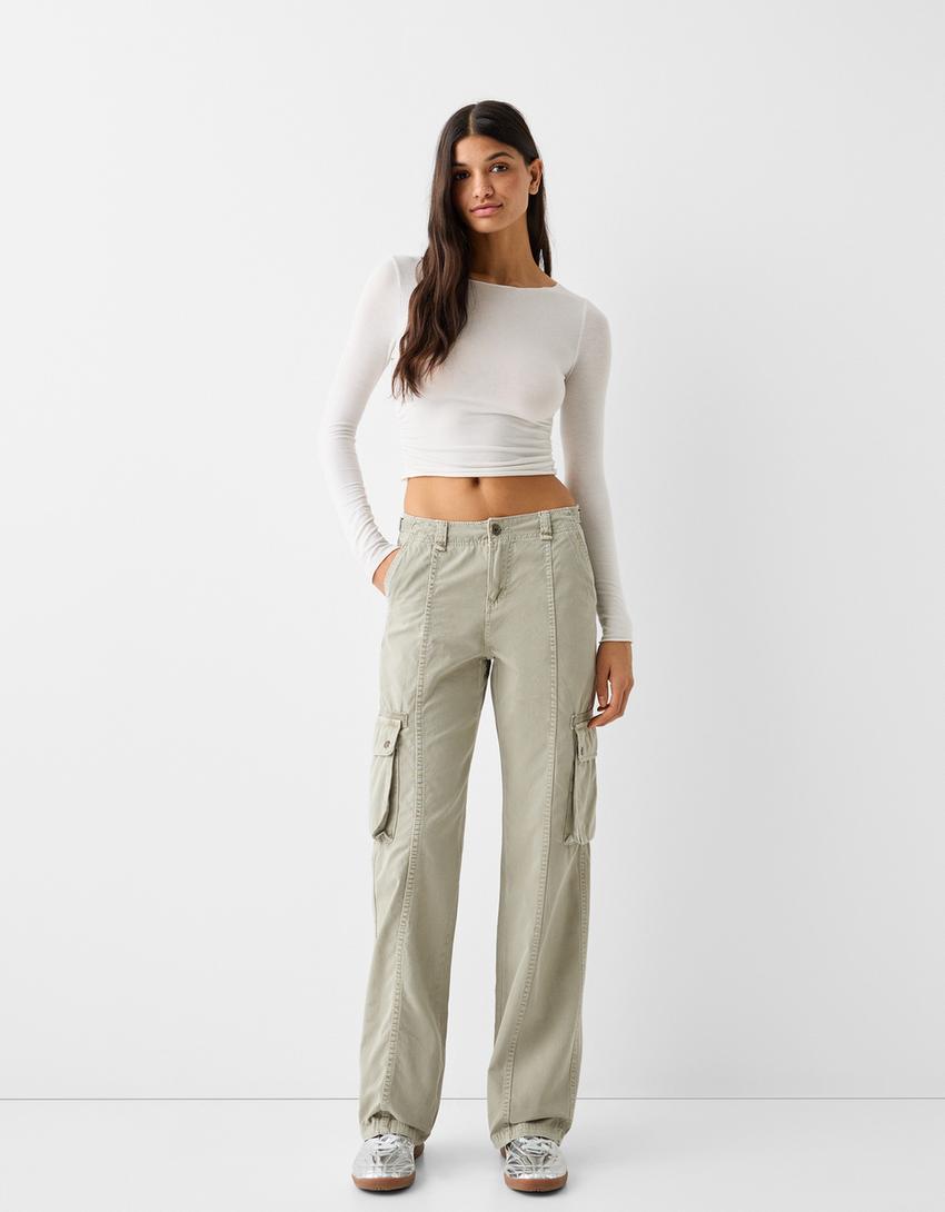 سروال كارغو من القطن قابل للتعديل بساق مستقيمة-كاكي-0